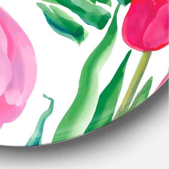 Designart - Blooming Beautiful Pink Tulips Flowers - Traditional Metal Circle Wall Art